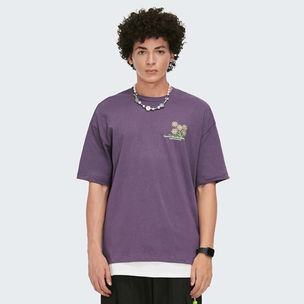 

Men Drop Shoulder Flower & Slogan Graphic Tee, Dusty purple