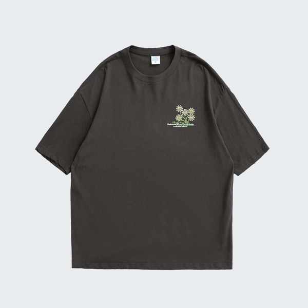 

Men Drop Shoulder Flower & Slogan Graphic Tee, Dark grey