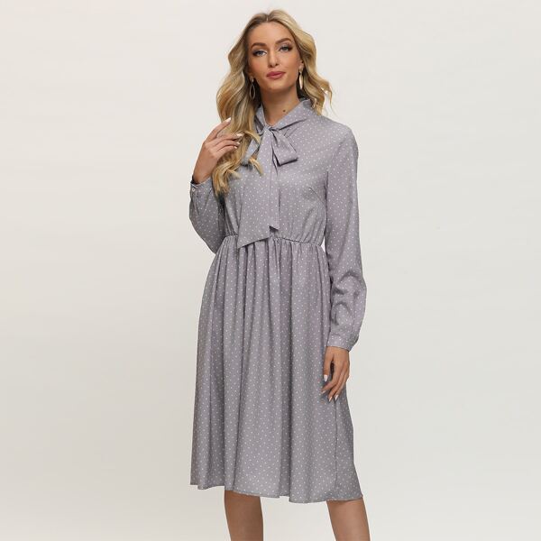

Tie Neck Polka Dot Print Dress, Grey