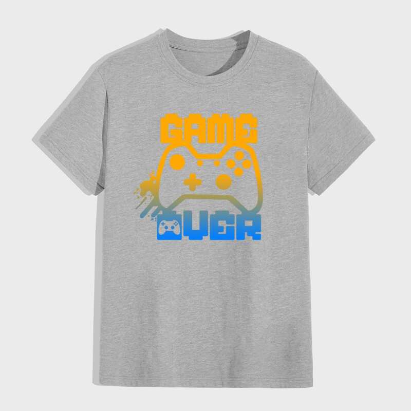 

Men Letter & Gamepad Print Tee, Light grey
