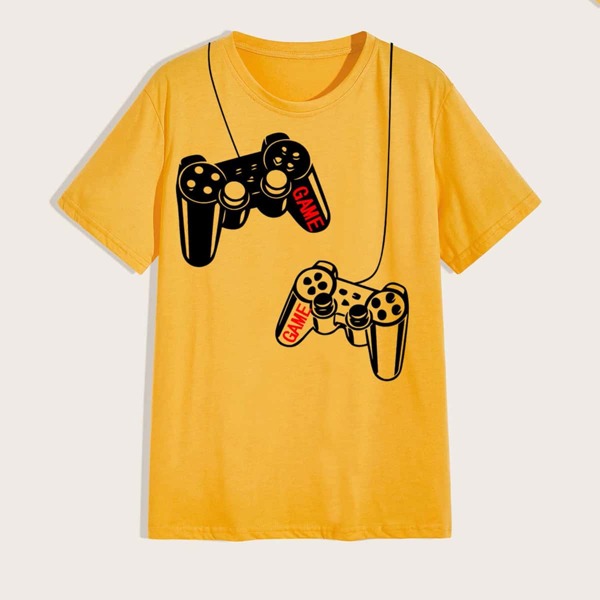 

Men Letter & Gamepad Print Tee, Yellow