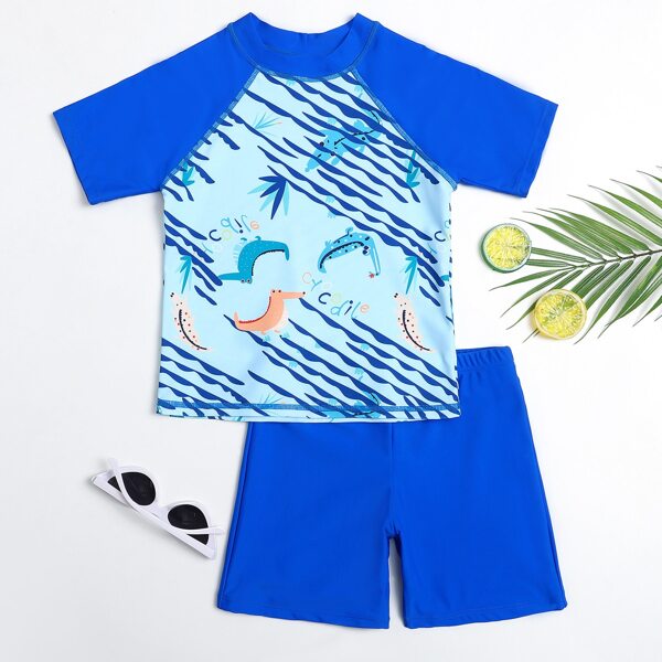 

Boys Cartoon Crocodile Print Swimsuit, Blue