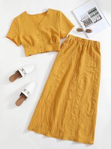 Mulvari Solid Button Front Crop Blouse & Skirt - Yellow - View 1
