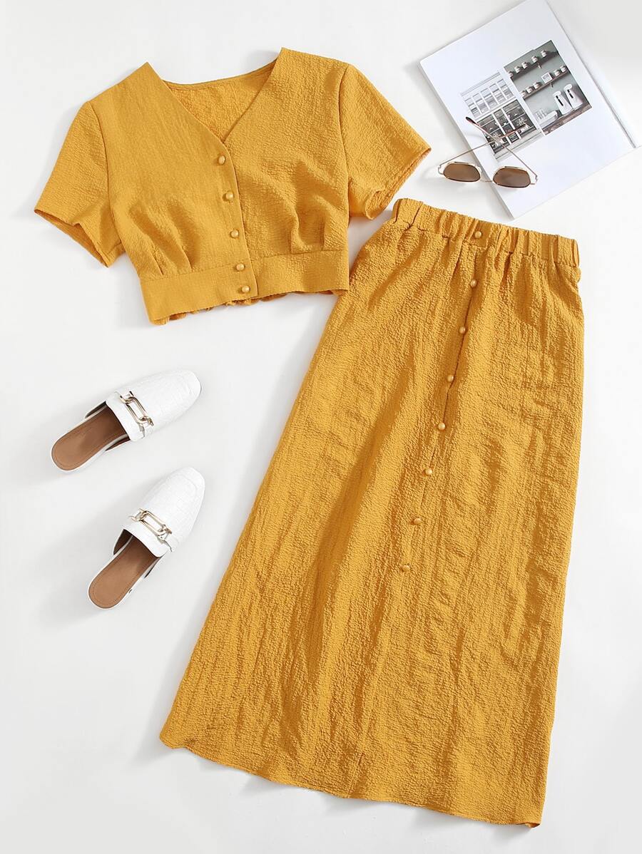 Mulvari Solid Button Front Crop Blouse & Skirt - Yellow - View 1