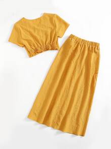 Mulvari Solid Button Front Crop Blouse & Skirt - Yellow - View 2