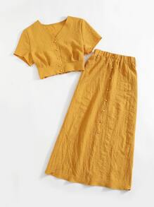 Mulvari Solid Button Front Crop Blouse & Skirt - Yellow - View 3