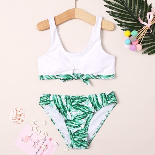 

Girls Tropical Knot Hem Bikini Swimsuit, Multicolor