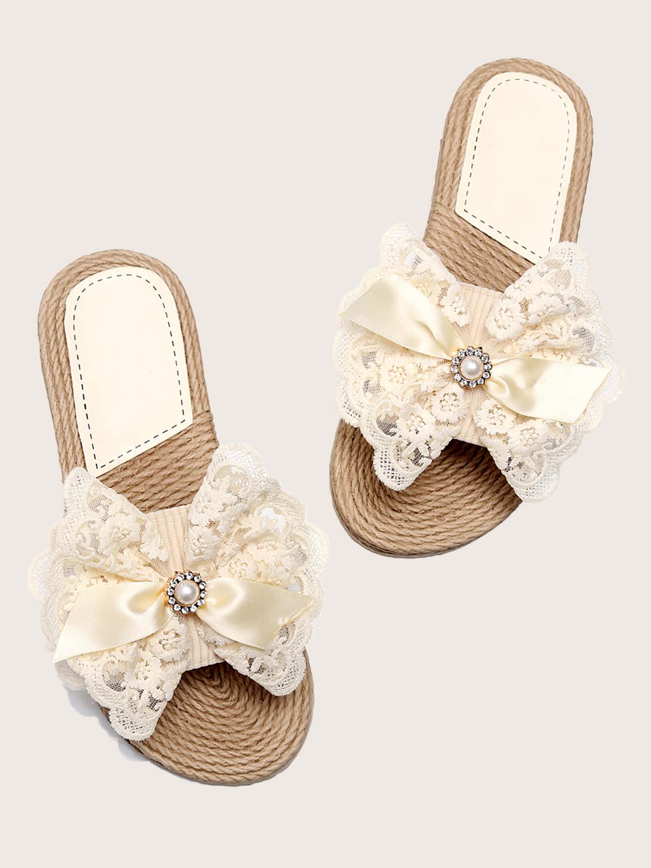女士时尚蕾丝镂空蝴蝶结沙滩旅行防滑软底平底拖鞋 - 米色 - 查看 1