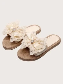 女士时尚蕾丝镂空蝴蝶结沙滩旅行防滑软底平底拖鞋 - 米色 - 查看 2