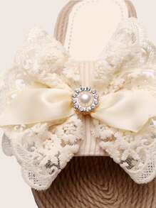 女士时尚蕾丝镂空蝴蝶结沙滩旅行防滑软底平底拖鞋 - 米色 - 查看 4