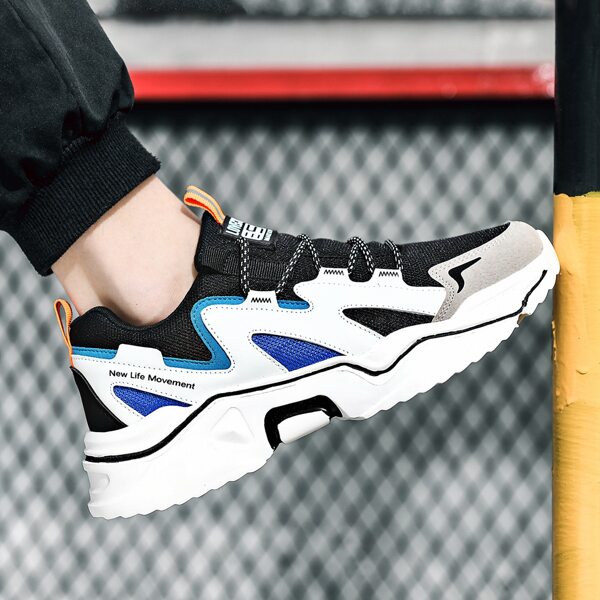 

Men Color Block Lace-up Front Sneakers, Black and white