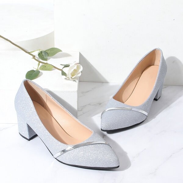 

Glitter Chunky Heeled Court Pumps, Silver