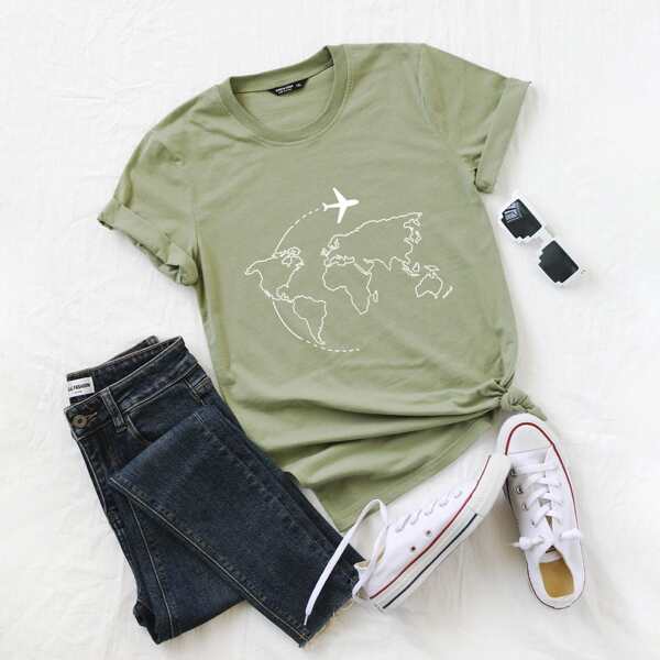 

Plus Airplane & Map Print Tee, Army green