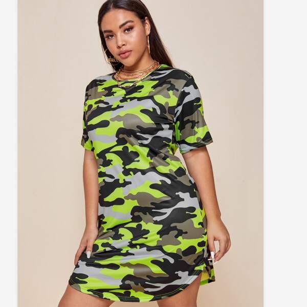 

Plus Camo Print Curved T-Shirt Dress, Multicolor