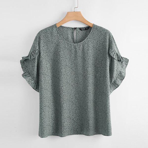 

Plus All Over Print Ruffle Detail Blouse, Green