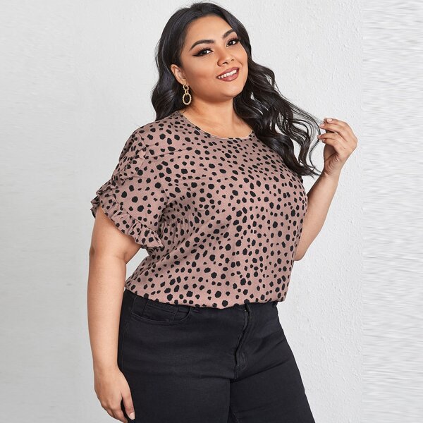 

Plus Ruffle Trim Petal Sleeve Allover Print Blouse, Dusty pink