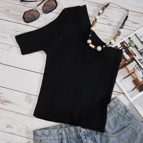 

One Shoulder Rib Knit Top, Black