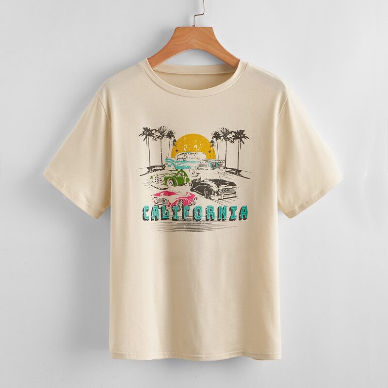 

Letter Car & Tropical Graphic Tee, Beige