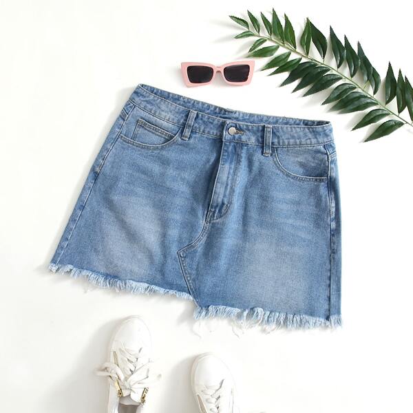 

Plus Raw Hem Washed Denim Skirt, Light wash