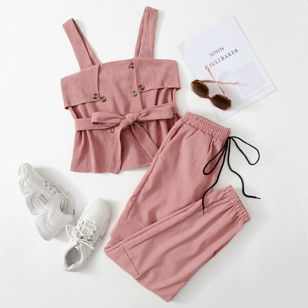 

Corduroy Double Button Belted Cami Top With Pants, Dusty pink