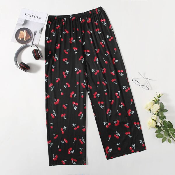 

Plus Cherry Print Wide Leg Sleep Pants, Black
