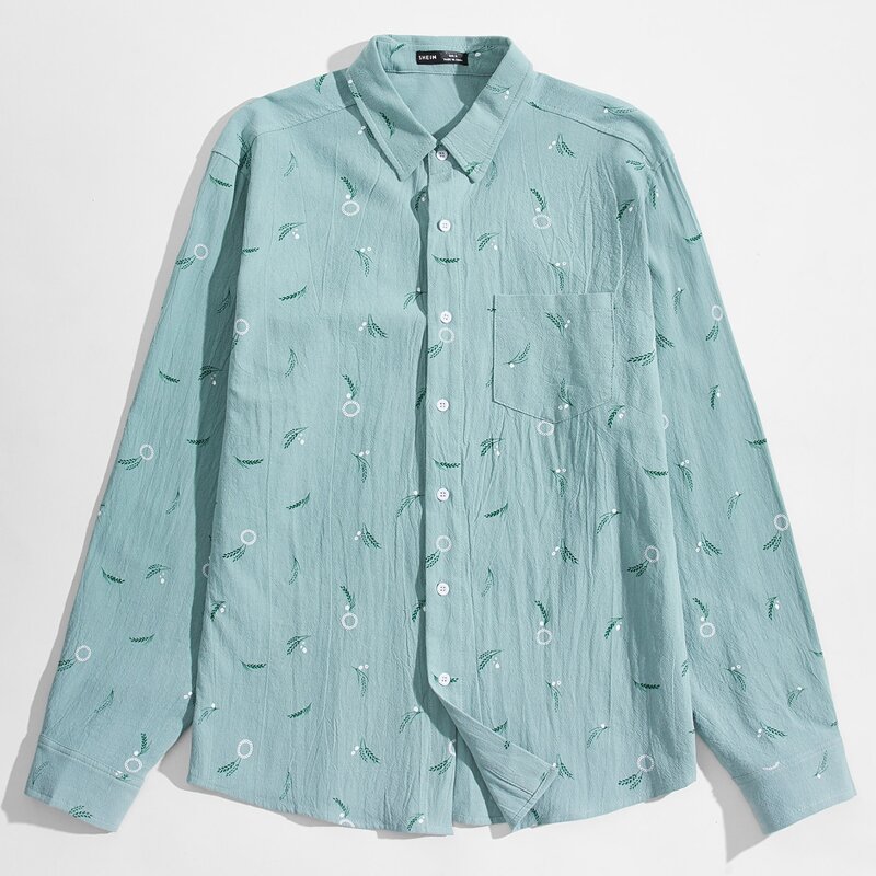 

Guys Plants Print Patch Pocket Shirt, Mint blue