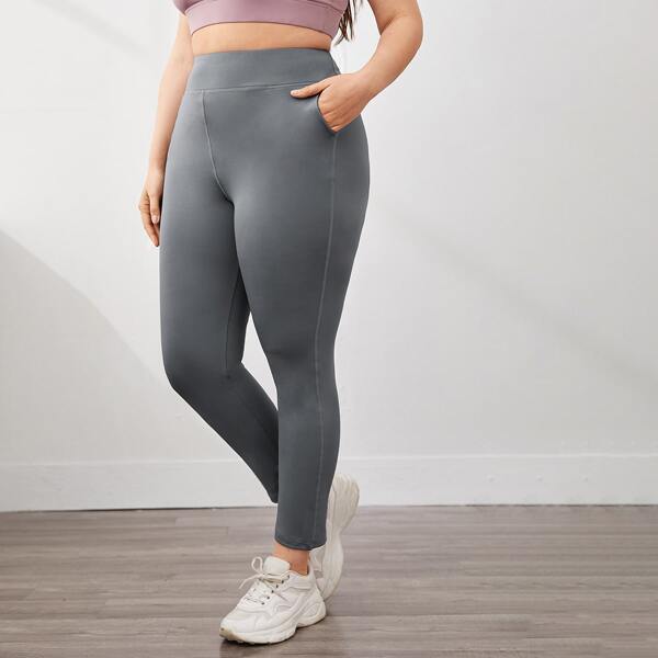 

Plus Slant Pockets Wideband Waist Sports Leggings, Grey
