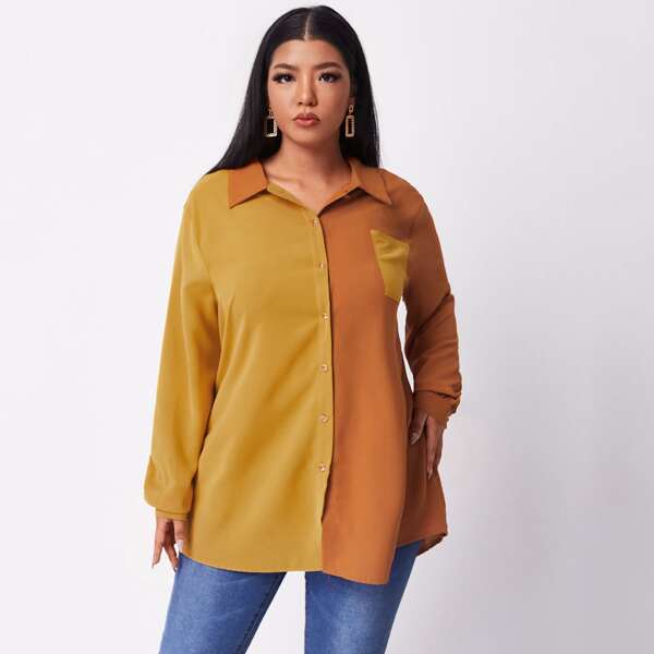 

Plus Colorblock Button Through Longline Blouse, Multicolor