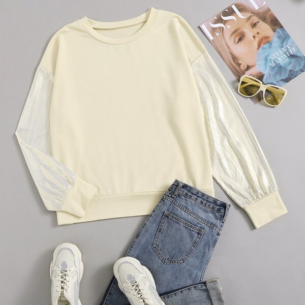 

Plus Contrast Metallic Drop Shoulder Sweatshirt, Beige