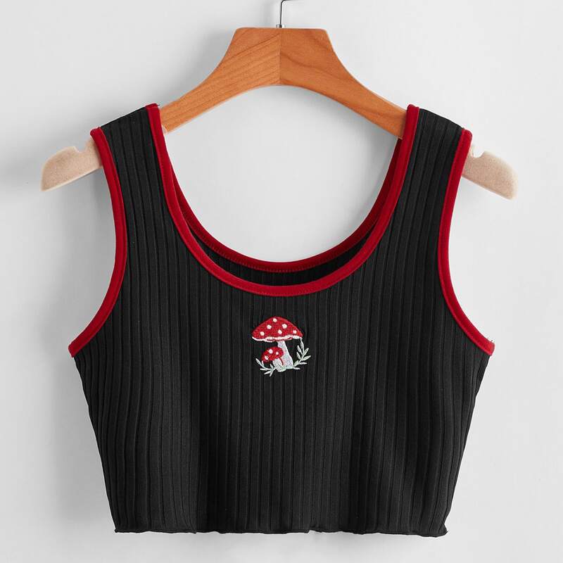 

Mushroom Embroidery Ribbed Tank Top, Black