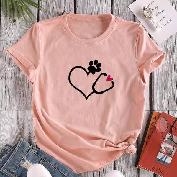 

Heart Print Short Sleeve Tee, Coral pink