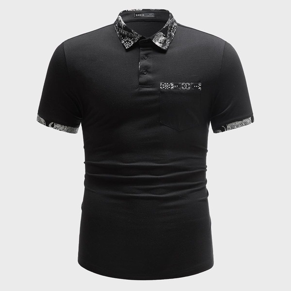 

Men Graphic Print Panel Patch Pocket Polo Shirt, Black