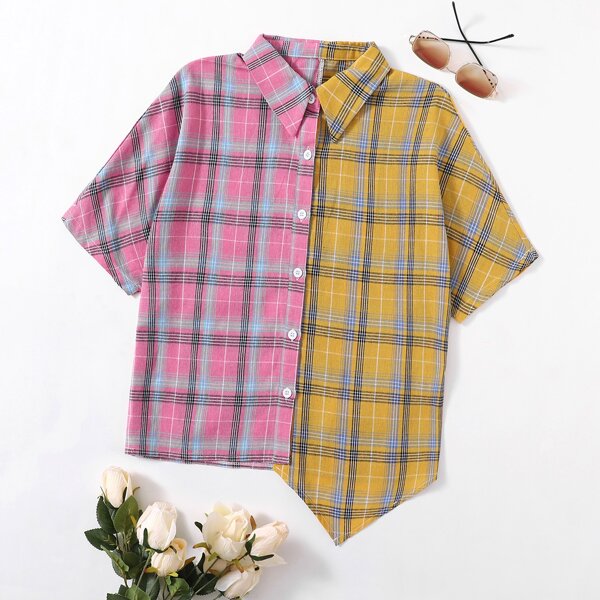 

Color-block Plaid Asymmetrical Hem Blouse, Multicolor