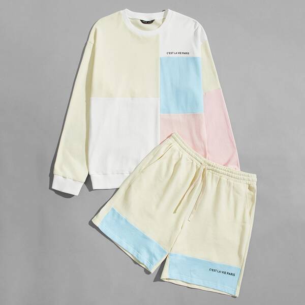 

Men Slogan Graphic Colorblock Pullover & Drawstring Waist Shorts Set, Multicolor