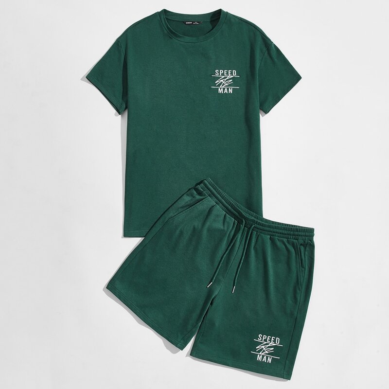 

Guys Letter Graphic Tee & Drawstring Waist Shorts Set, Dark green