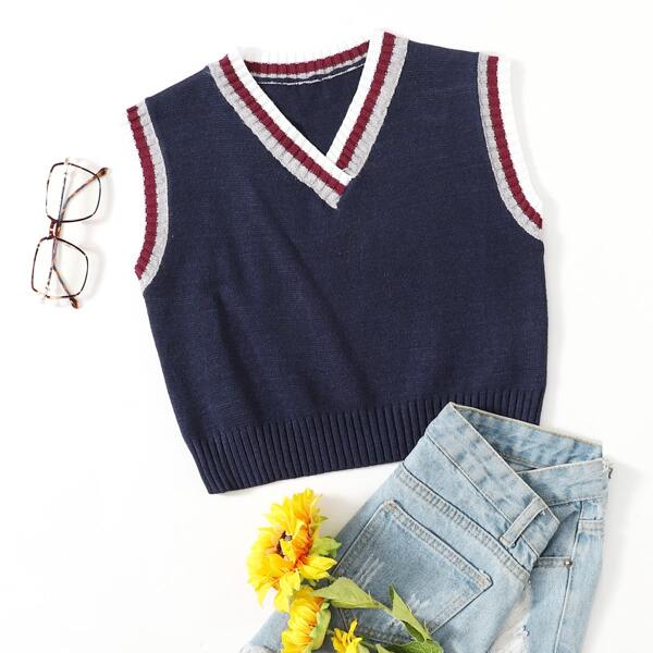 

V-neck Striped Sweater Vest, Navy blue