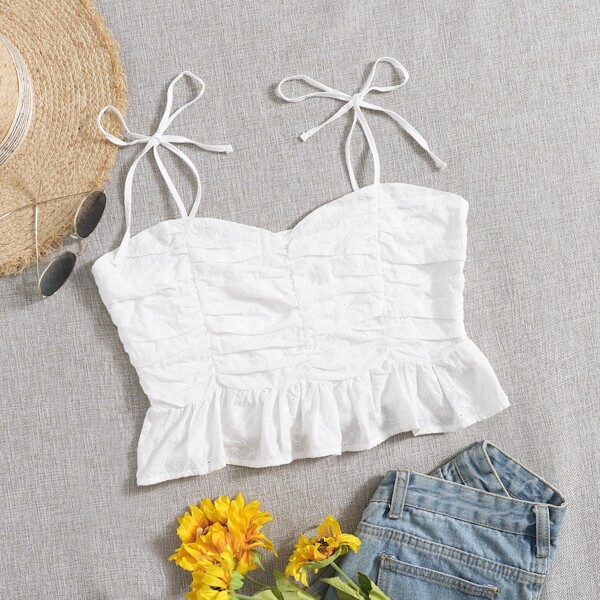 

Tie Shoulder Ruffle Hem Cami Top, White