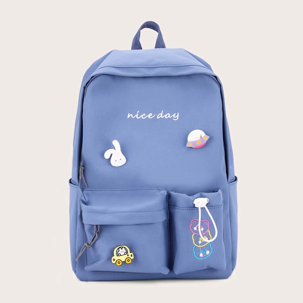 

Cartoon Decor Pocket Front School Bag, Blue