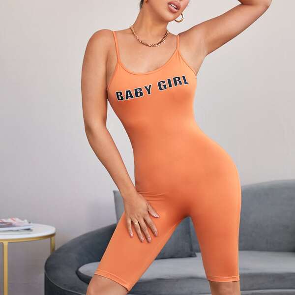 

Letter Graphic Backless Cami Romper, Orange