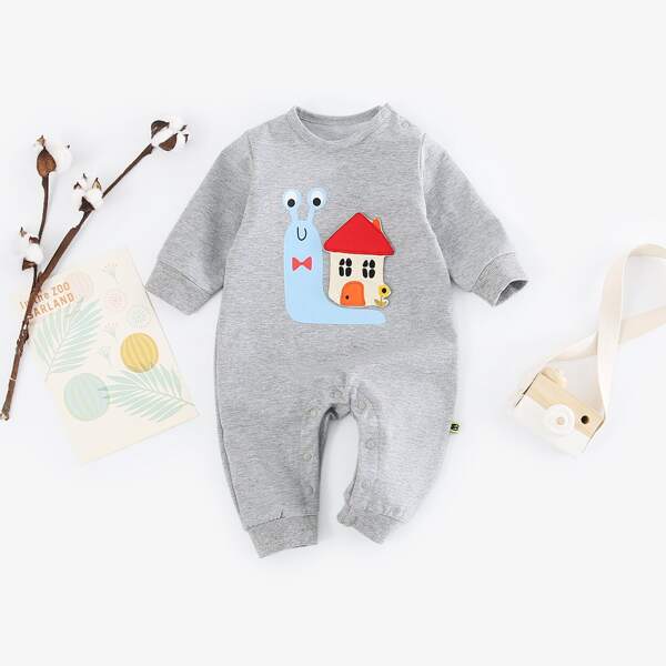 

Baby Boy Cartoon Graphic Embroidery Jumpsuit, Grey