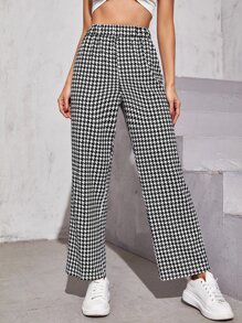 千鳥格圖案寬腿褲子 - 黑與白 - 查看 1
