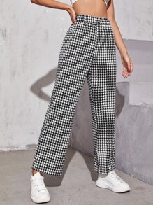 千鳥格圖案寬腿褲子 - 黑與白 - 查看 3