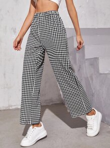 千鳥格圖案寬腿褲子 - 黑與白 - 查看 5