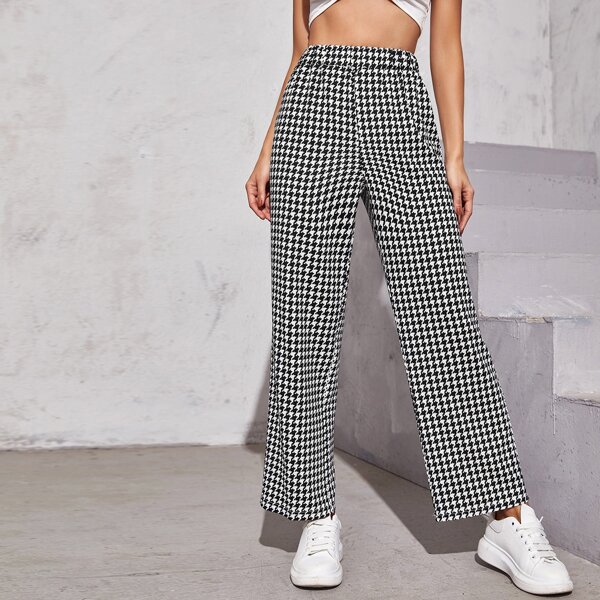 

Houndstooth Print Wide Leg Pants, Black and white