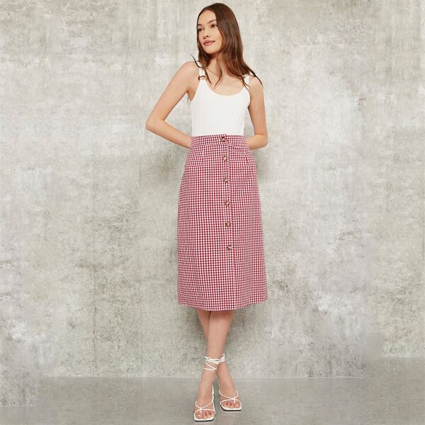

Button Fly Gingham Skirt, Red and white