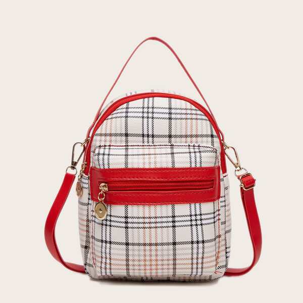 

Plaid Pattern Pocket Front Backpack, Red
