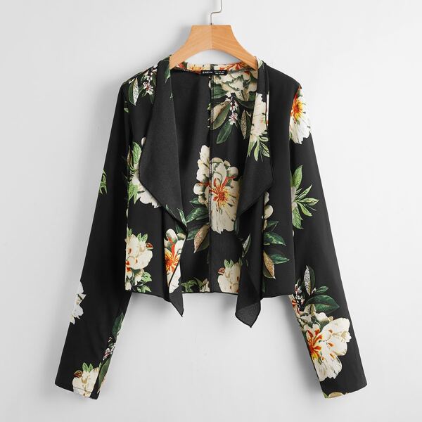 

Waterfall Collar Floral Print Jacket, Black