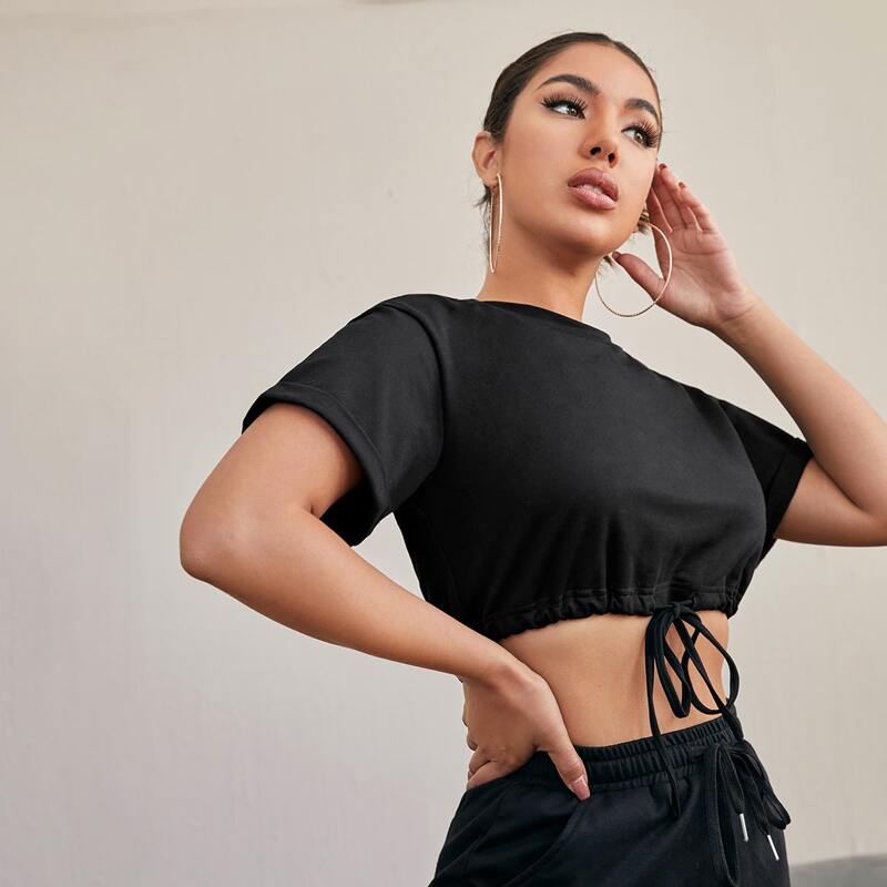 

Roll Up Sleeve Drawstring Waist Crop Tee, Black