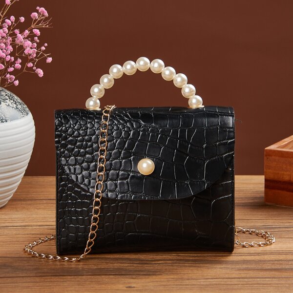 

Faux Pearl Beaded Croc Embossed Satchel Bag, Black