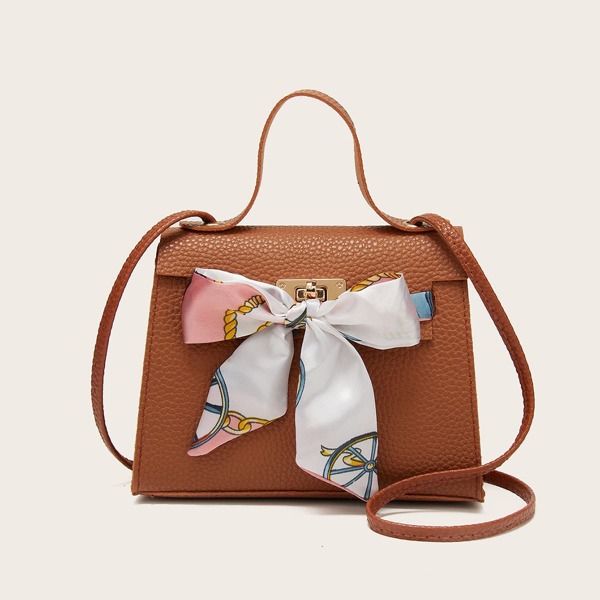 

Twilly Scarf Decor Turn-Lock Satchel Bag, Brown